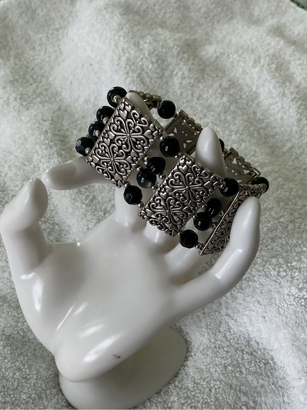 Silver Filigree Panel Bracelet with Black Beads - Picture 3 of 4